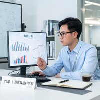 刘洋，首席数据科学家，戴着黑框眼镜在分析数据